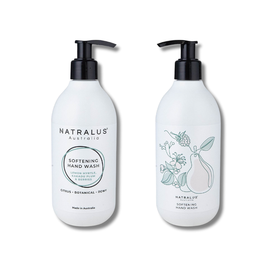Softening Hand Wash Lemon Myrtle & Kakadu Plum by Natralus – natural Australian hand wash with coconut-derived cleansers, sulphate-free formula, citrus and woody fragrance, ultra-stylish peel & reveal packaging, perfect for sink or benchtop décor