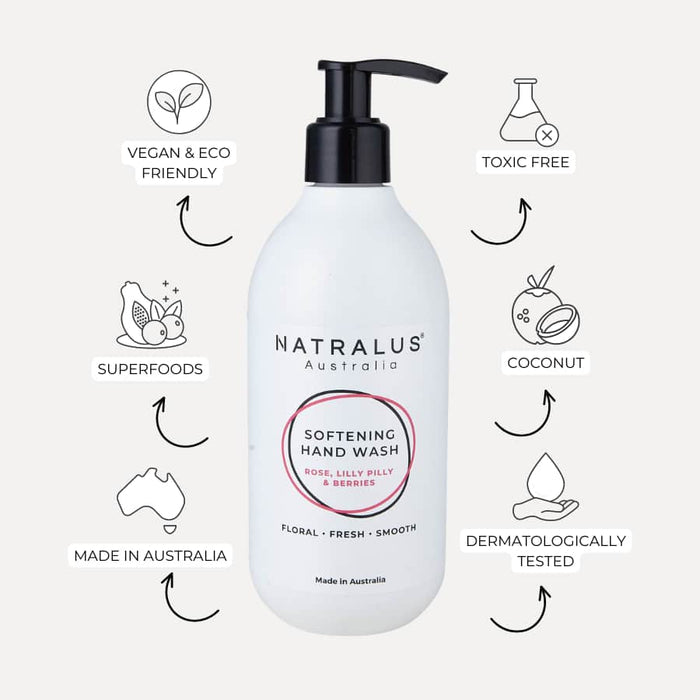 Sulfate-free softening hand wash with rose and lilly pilly fragrance for sensitive skin