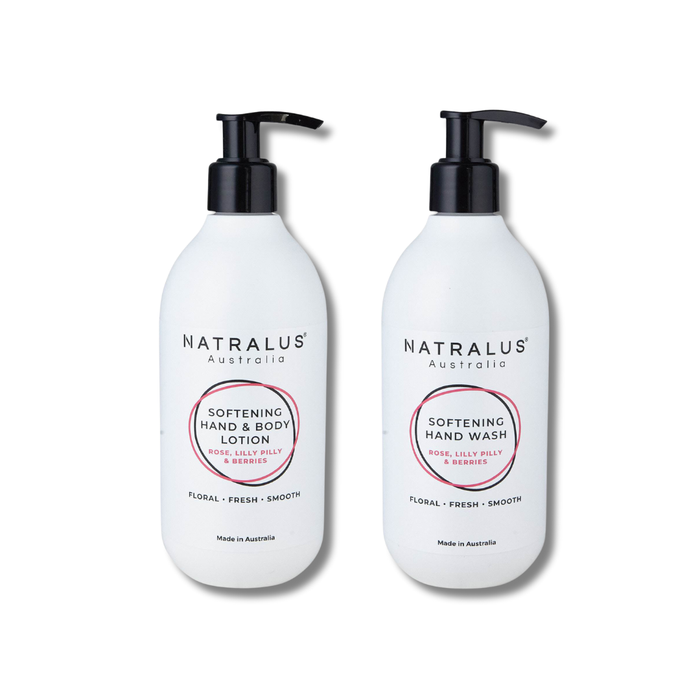 Natralus Softening Hand Wash & Lotion Duo Rose & Lilly Pilly – natural Australian skincare with superfoods, coconut oil and botanicals for nourished, soft and refreshed hands – stylish 300ml bathroom duo