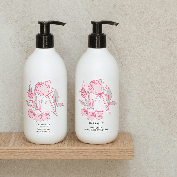 Natralus Softening Hand Wash & Lotion Duo Rose & Lilly Pilly – natural Australian skincare with superfoods, coconut oil and botanicals for nourished, soft and refreshed hands – stylish 300ml bathroom duo