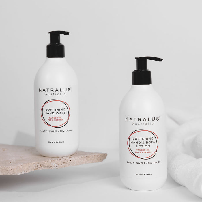 Moisturising hand wash and body lotion duo with tangerine, fig, and botanical ingredients