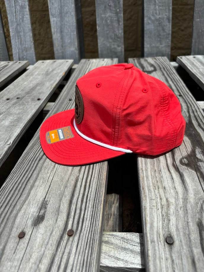 Southern Bred Apparel Co Caramel Leather Logo Patch Richardson 256 5 Panel Nylon Grandpa Snap Back Red/White