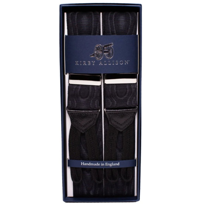 A pair of Sovereign Grade Black Moire Braces (Silver) with adjustable back and leather ends, in a box from KirbyAllison.com.