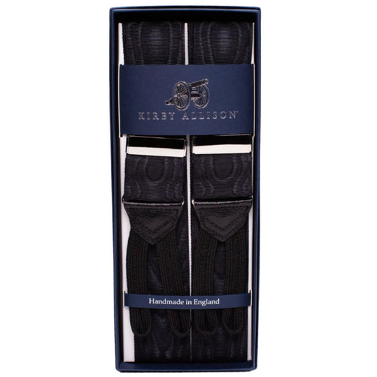 A pair of Sovereign Grade Black Moire Braces (Silver) with adjustable back and leather ends, in a box from KirbyAllison.com.