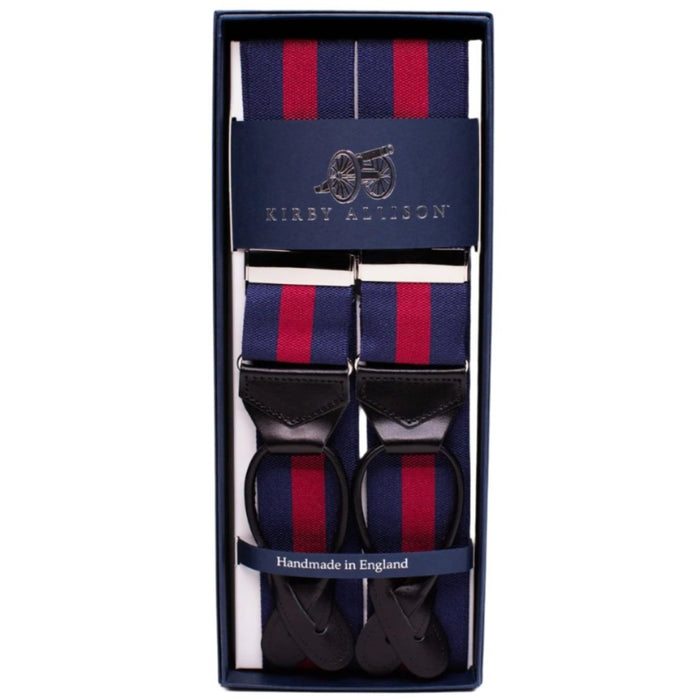 An adjustable Sovereign Grade Navy-Red Striped Braces by KirbyAllison.com in a box.