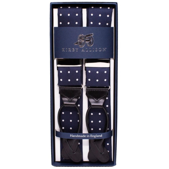 Sovereign Grade Navy/White Dot Braces packaged in a box by KirbyAllison.com.