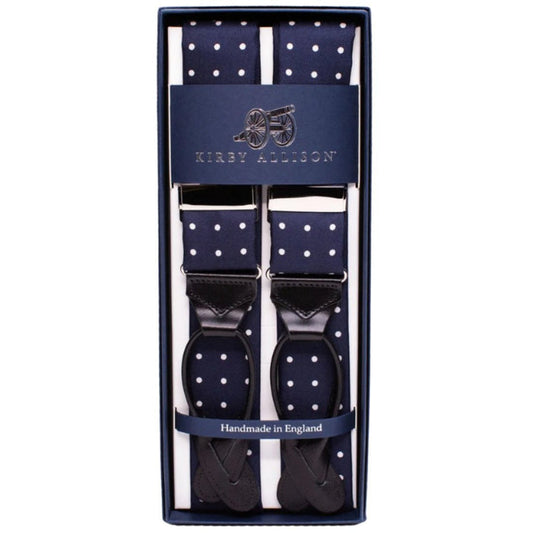 Sovereign Grade Navy/White Dot Braces packaged in a box by KirbyAllison.com.