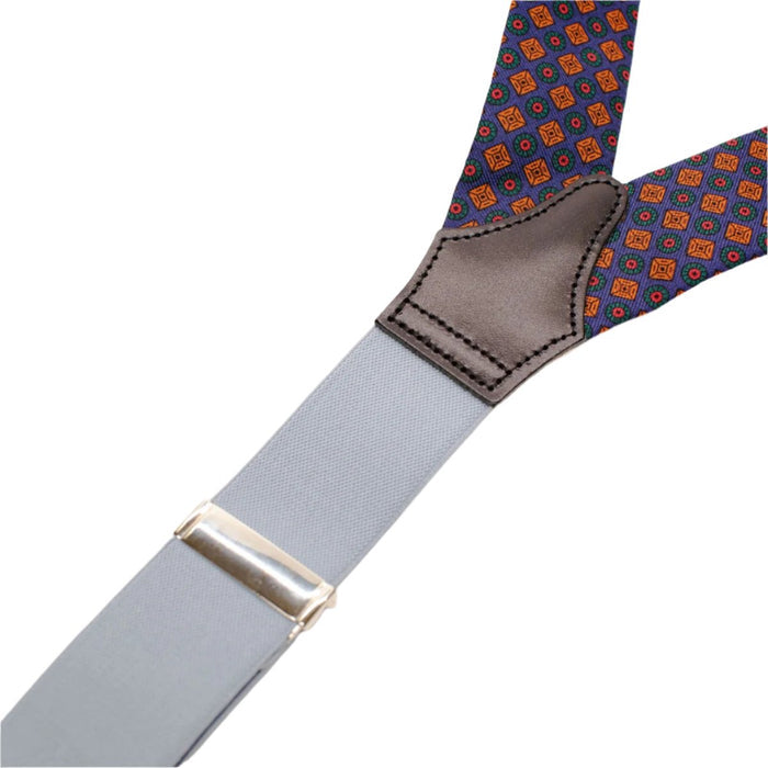 KirbyAllison.com Sovereign Grade Solid Red Braces with a blue and orange pattern.