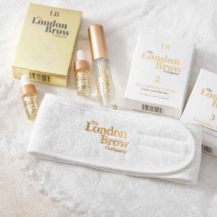 The London Brow Company skincare products on a white surface