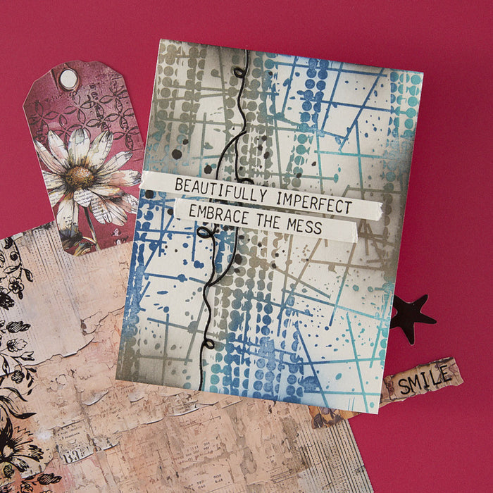 Spellbinders - BetterPress Plate - Beautifully Imperfect - Grungy Background. Available at Embellish Away in Bowmanville Ontario Canada. Example by brand ambassador.
