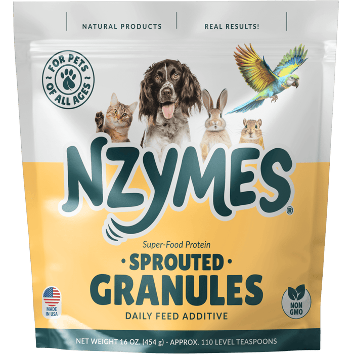 NZYMES sprouted granules packaging with images of animals and text on a white background