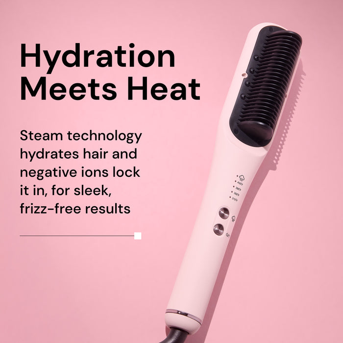 Informational image. Text reads "Hydration Meets Heat. Steam technology hydrates hair and negative ions lock it in, for sleek, frizz-free results"