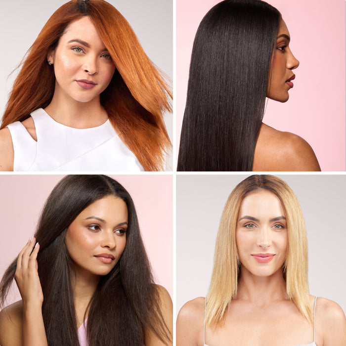 Four-panel collage of diverse models showcasing sleek, straight hair in different shades—long copper red, long deep black in profile, long dark brown, and shoulder-length blonde