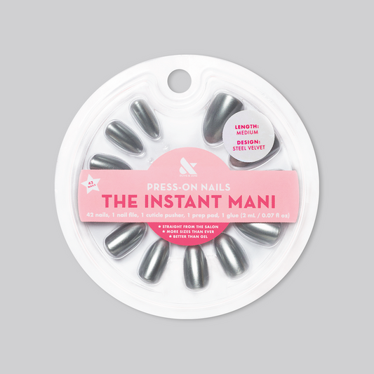 Steel Velvet - Press-On | Medium | Almond false nails with steely silver velvet finish in circular package for quick at-home mani