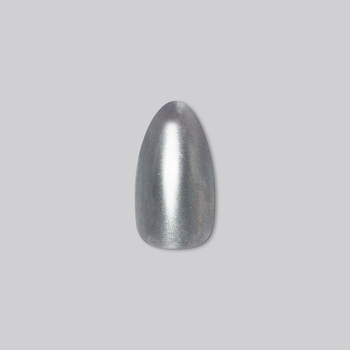 Steel Velvet - Press-On | Medium | Almond false nail with a smooth metallic silver velvet finish on gray background