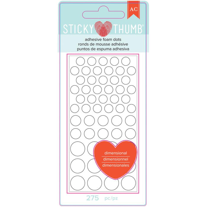 Sticky Thumb - Dimensional Adhesive Foam - 275/Pkg - White Dots - Assorted Sizes. This package contains American Crafts-Sticky Thumb Dimensional Adhesive Foam: Dots, 275 dimensional adhesive foam in assorted sizes on four 4x2 inch backing sheets. Available at Embellish Away located in Bowmanville Ontario Canada.