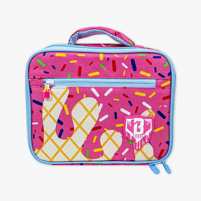 Adult model wearing pink lunch box with "Strawberry Ice Cream  SZN 2" design