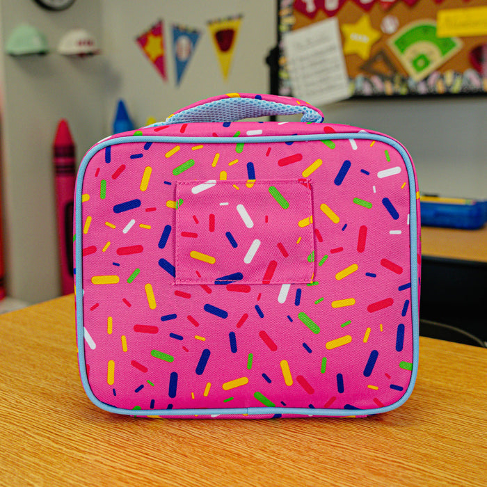 Adult model wearing pink lunch box with "Strawberry Ice Cream  SZN 2" design