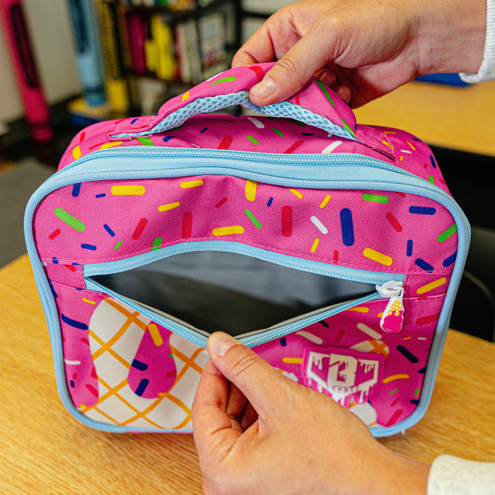 Adult model wearing pink lunch box with "Strawberry Ice Cream  SZN 2" design
