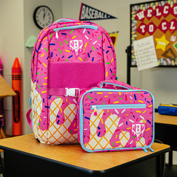 Adult model wearing pink lunch box with "Strawberry Ice Cream  SZN 2" design