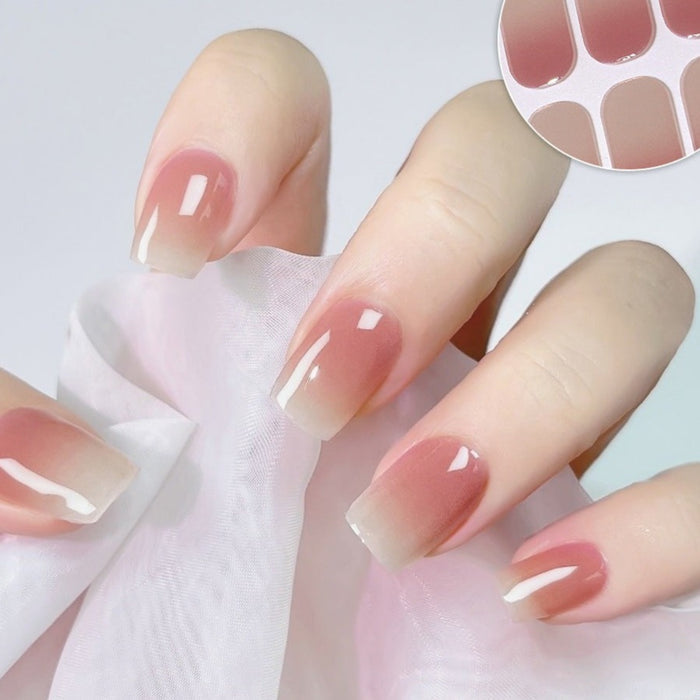 Sunset Ombre Gel Nail Strips on Hand - Pink Red Gradient Semicured UV Nail Stickers