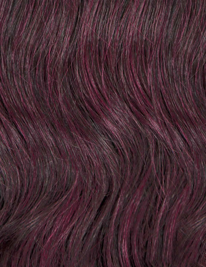 OUTRE 34 inch synthetic lace front wig wavy dark brown hair with burgundy highlights close up texture