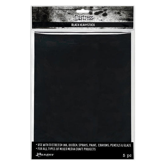 Tim Holtz - Distress Black Heavystock - 5/Pkg - 8.5"X11". Cardstock that can be altered with inks, paints, stamps, and more. Use with your favorite wet and dry Distress techniques making creative possibilities endless. 125 lb cardstock. Available at Embellish Away located in Bowmanville Ontario Canada.