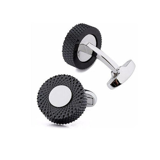 T.M.J plain metal gunmetal cufflinks for men with textured black circular design