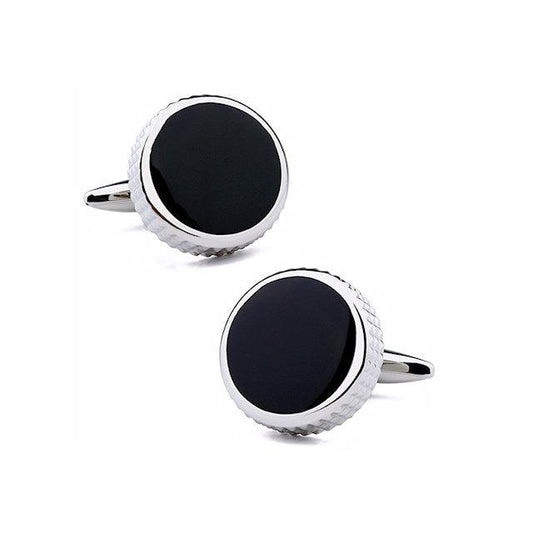 T.M.J men's round cufflinks with black enamel center and silver textured edges