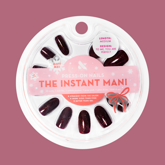To Me, You Are Perfect - Press-On | Medium | Oval deep plum metallic shimmer false nails in circular package display