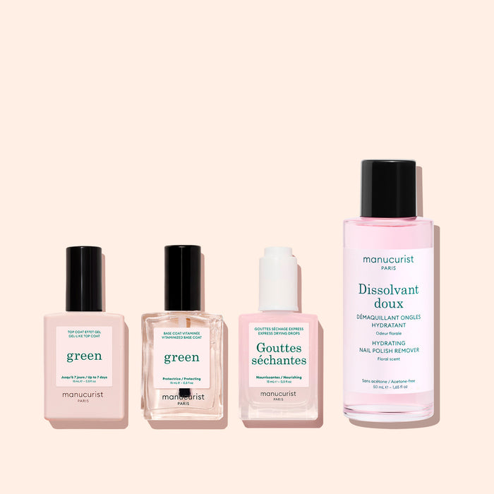 Top Coat + Base Coat Vitaminée + Gouttes Séchantes + Dissolvant Doux