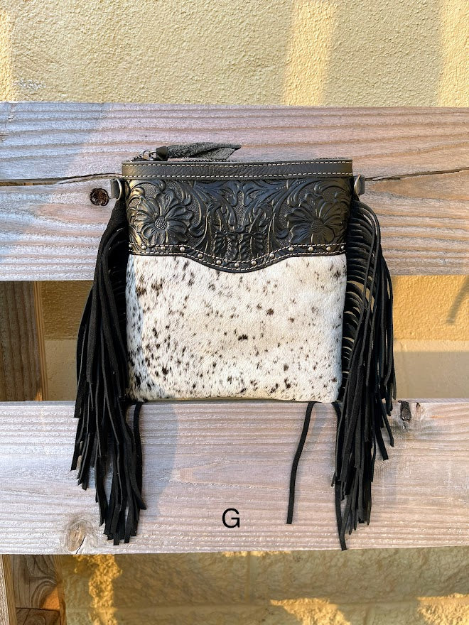 Top Notch Accessories Betty Cowhide and Black Leather Crossbody Fringe Purse
