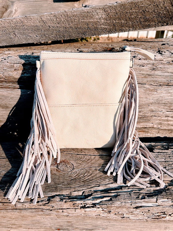 Top Notch Accessories Betty Cowhide Crossbody Fringe Purse In Beige