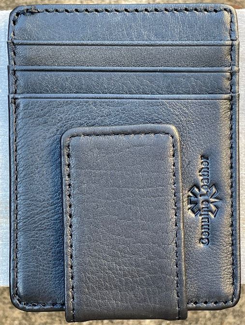 A black full grain leather money clip with ID slot, from Top Notch Accessories. Showing three card slots and money clip.