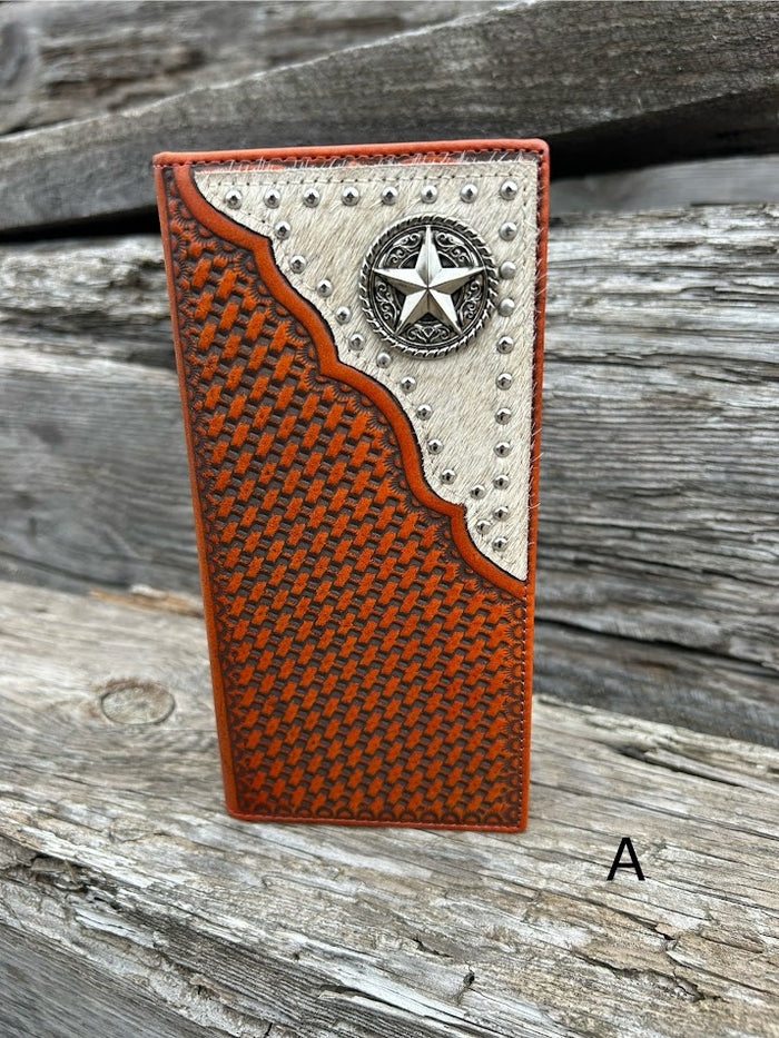 Brown basketweave leather tall wallet with a cowhide inlay corner featuring a Star concho. Front View A