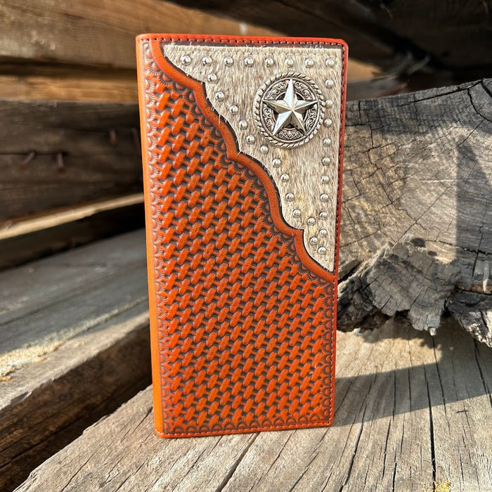 Brown basketweave leather tall wallet with a cowhide inlay corner featuring a Star concho. Front View B