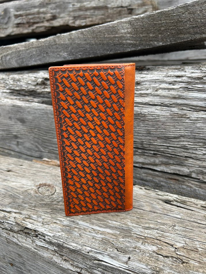 Brown basketweave leather tall wallet with a cowhide inlay corner featuring a Star concho.  Rear View