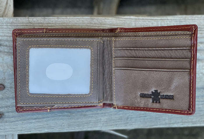 Brown leather bifold wallet with a beige inlay and a embossed Rooster design.  Inside view showing multiple card slots and a dual ID window.