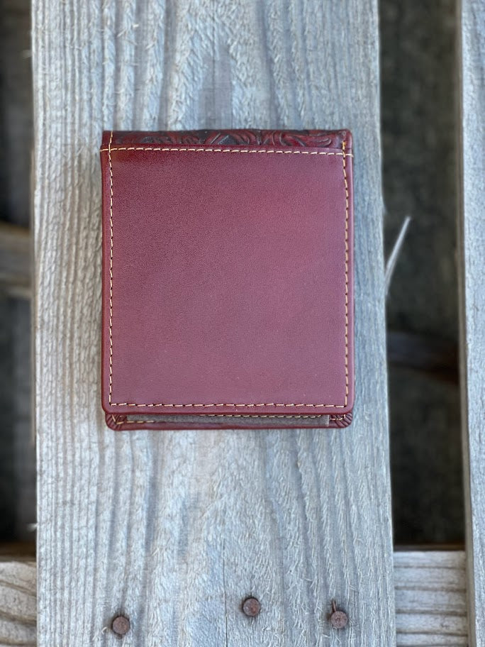 Brown leather bifold wallet with a beige inlay and a embossed Rooster design.  Rear view