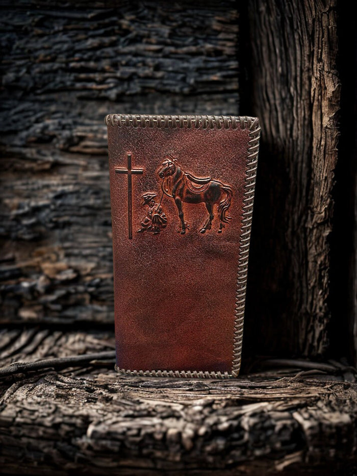 Brown leather tall wallet with whipstitch border and a embossed Praying Cowboy design. Front View
