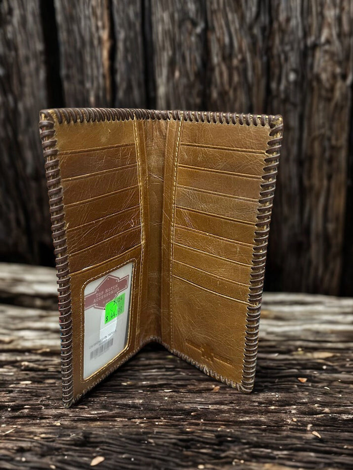 Brown leather tall wallet with whipstitch border and a embossed Praying Cowboy design. Inside view showing multiple card slots and bill slots.