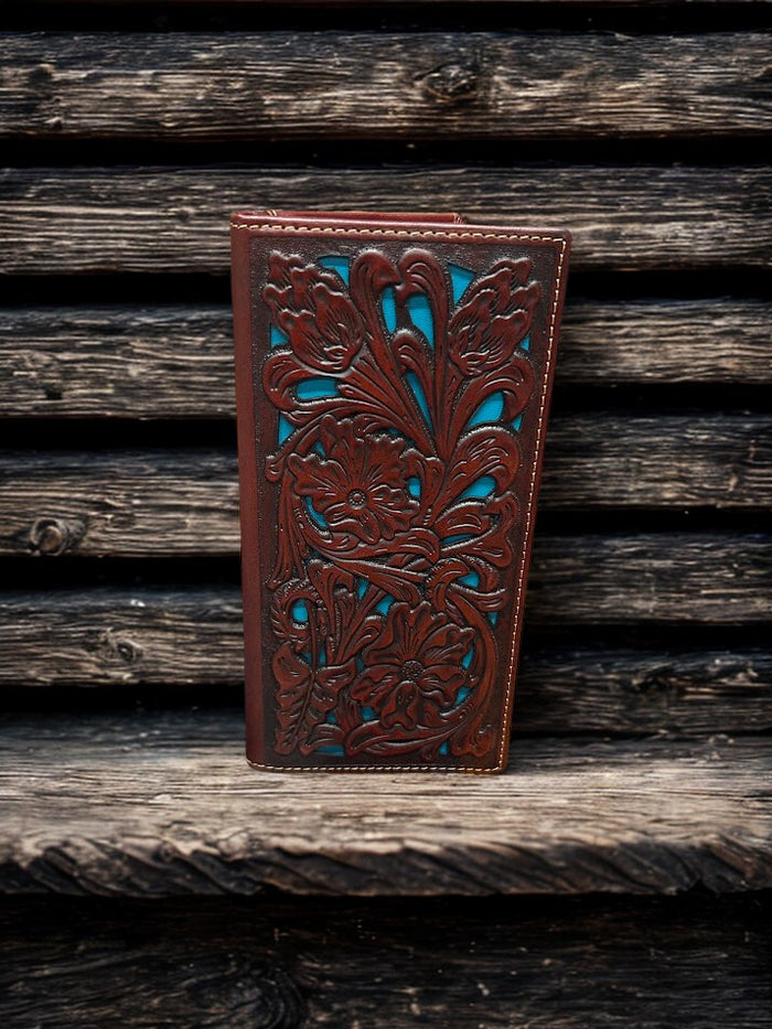 Brown tooled leather tall wallet with Turquoise inlay. Front View