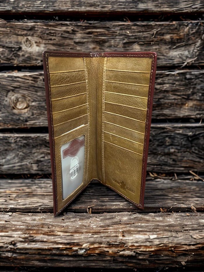Brown tooled leather tall wallet with Turquoise inlay. Inside view showing multiple card and bill slots.
