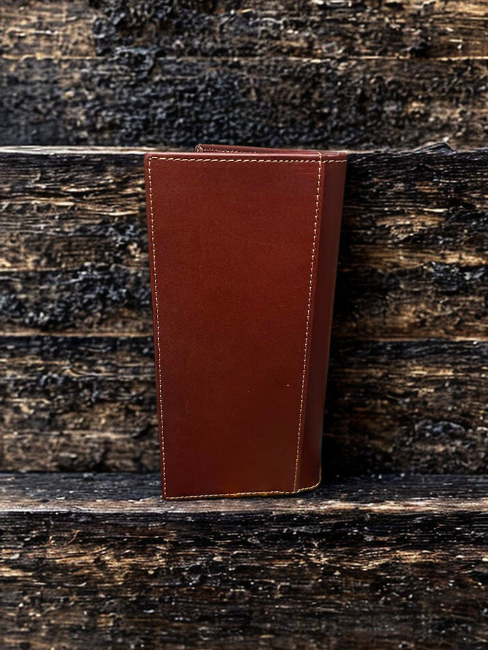 Brown tooled leather tall wallet with Turquoise inlay. Rear view showing additional cash slot.