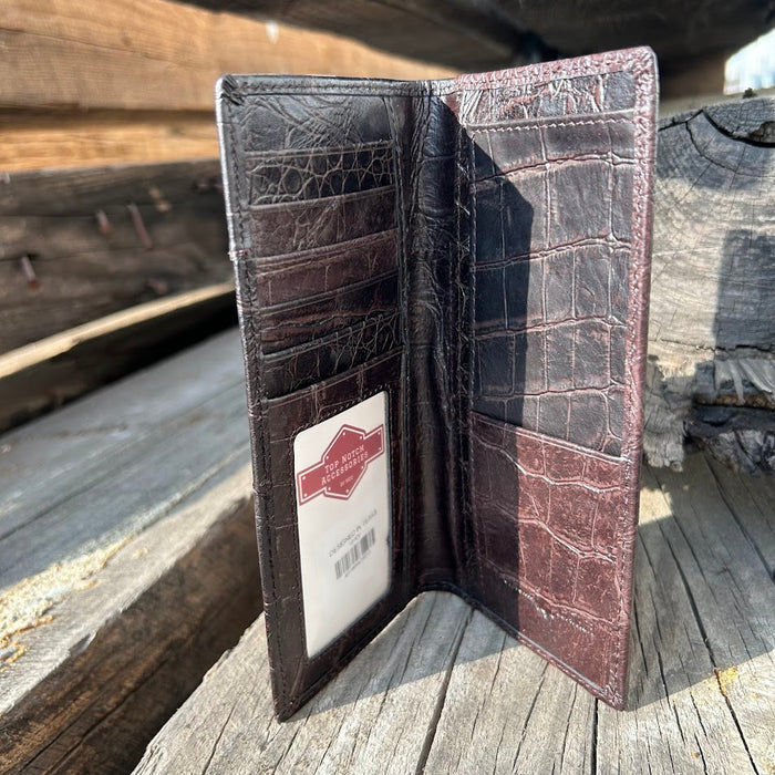 Coffee Brown checkbook wallet with Rooster Concho on a cowhide inlay. Inside view showing checkbook slot, ID window, and multiple card slots.