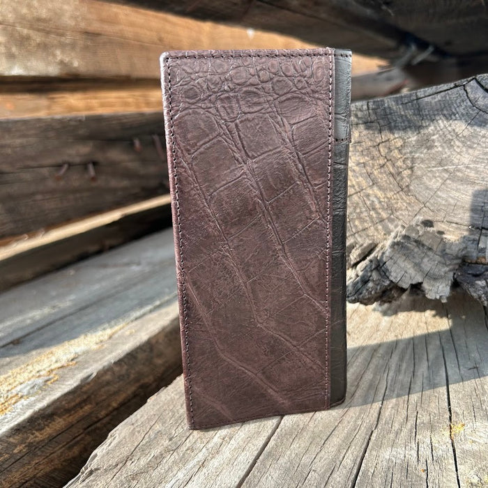 Coffee Brown checkbook wallet with Rooster Concho on a cowhide inlay. Rear View