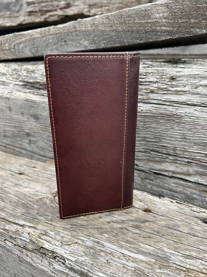 Coffee Brown basketweave leather tall wallet with intricate tooled design with a Beige inlay. Rear view showing a additional bill slot.