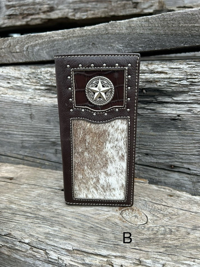 This Coffee Brown alligator print leather checkbook wallet features a Star Concho and a cowhide inlay on the bottom of the front.  Front View B