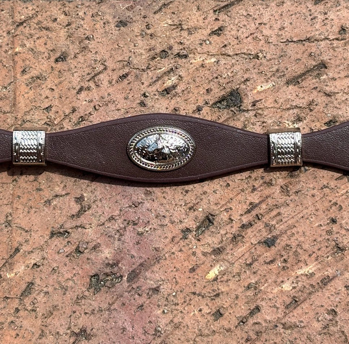 Coffee Brown leather hat band with Horse Head Concho and silver bands separating Conchos.
