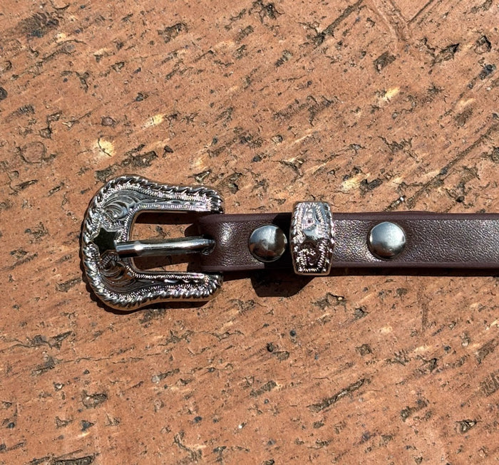 Coffee Brown leather hat band with Horse Head Concho and silver bands separating Conchos. Close up view of western style buckle.